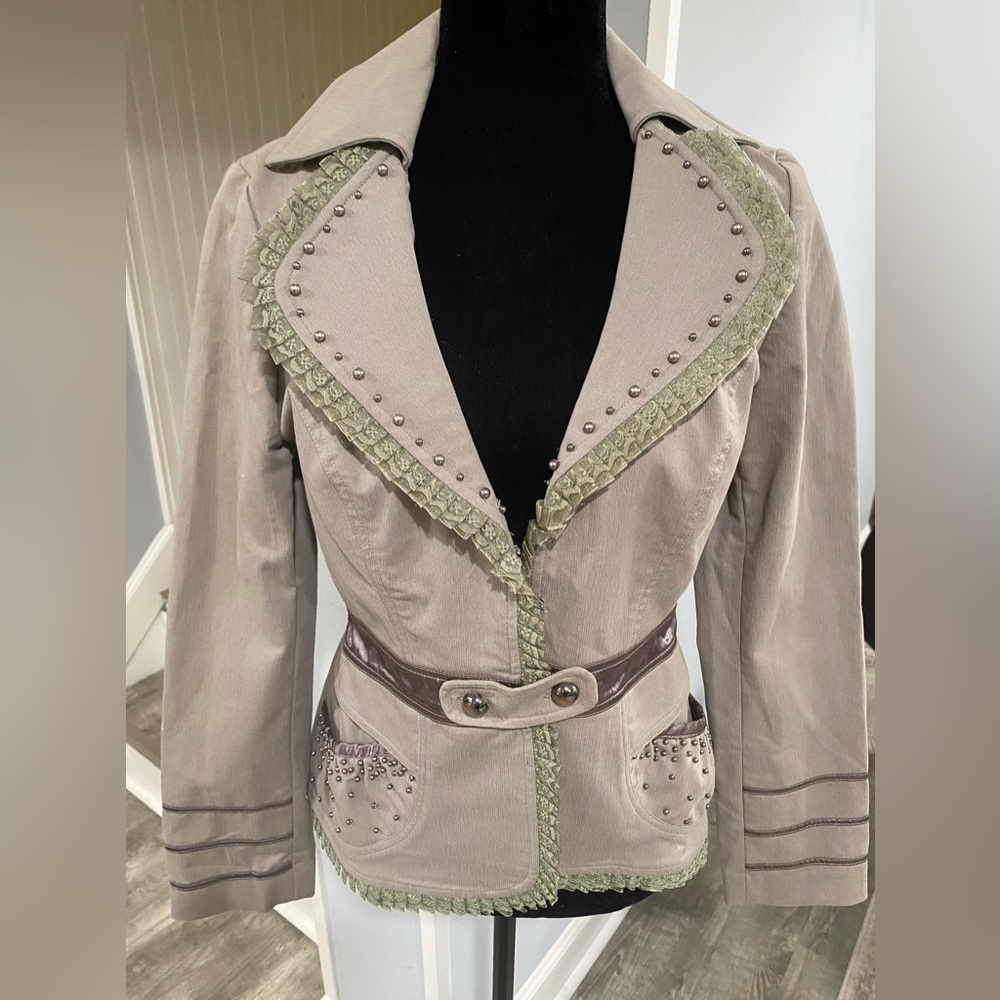 Cache Taupe Blazer with Olive Trim